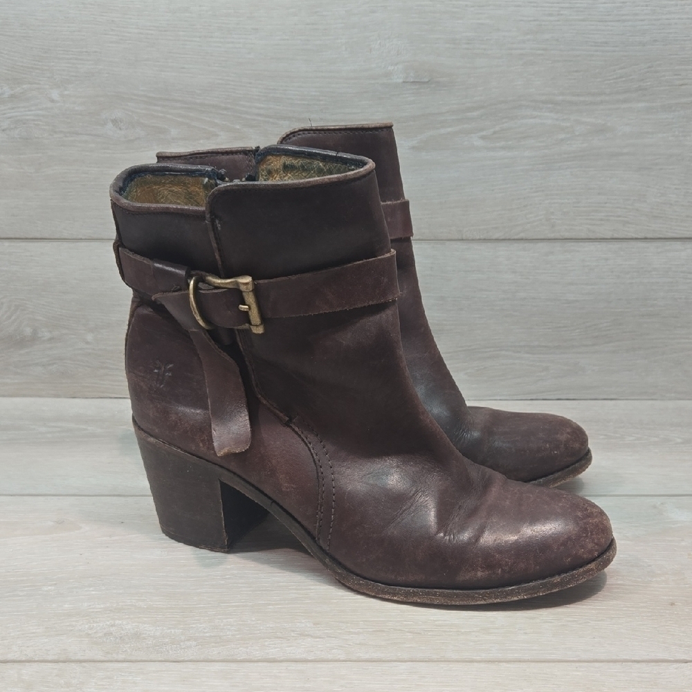 Frye Women 3476117-DBN Dark Brown Leather Heeled Boots Shoes Moto Sz 11B